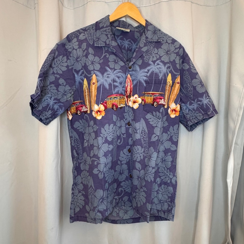 VTG Winnie Fashion Hawaiian Shirt‎ Surf Woody Car Print Aloha Shirt Mens L